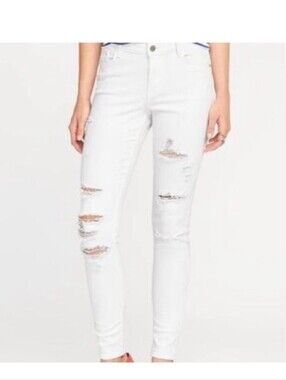 NWT Old Navy Rockstar Super Skinny Ankle Mid Rise Womens White Distressed Jeans